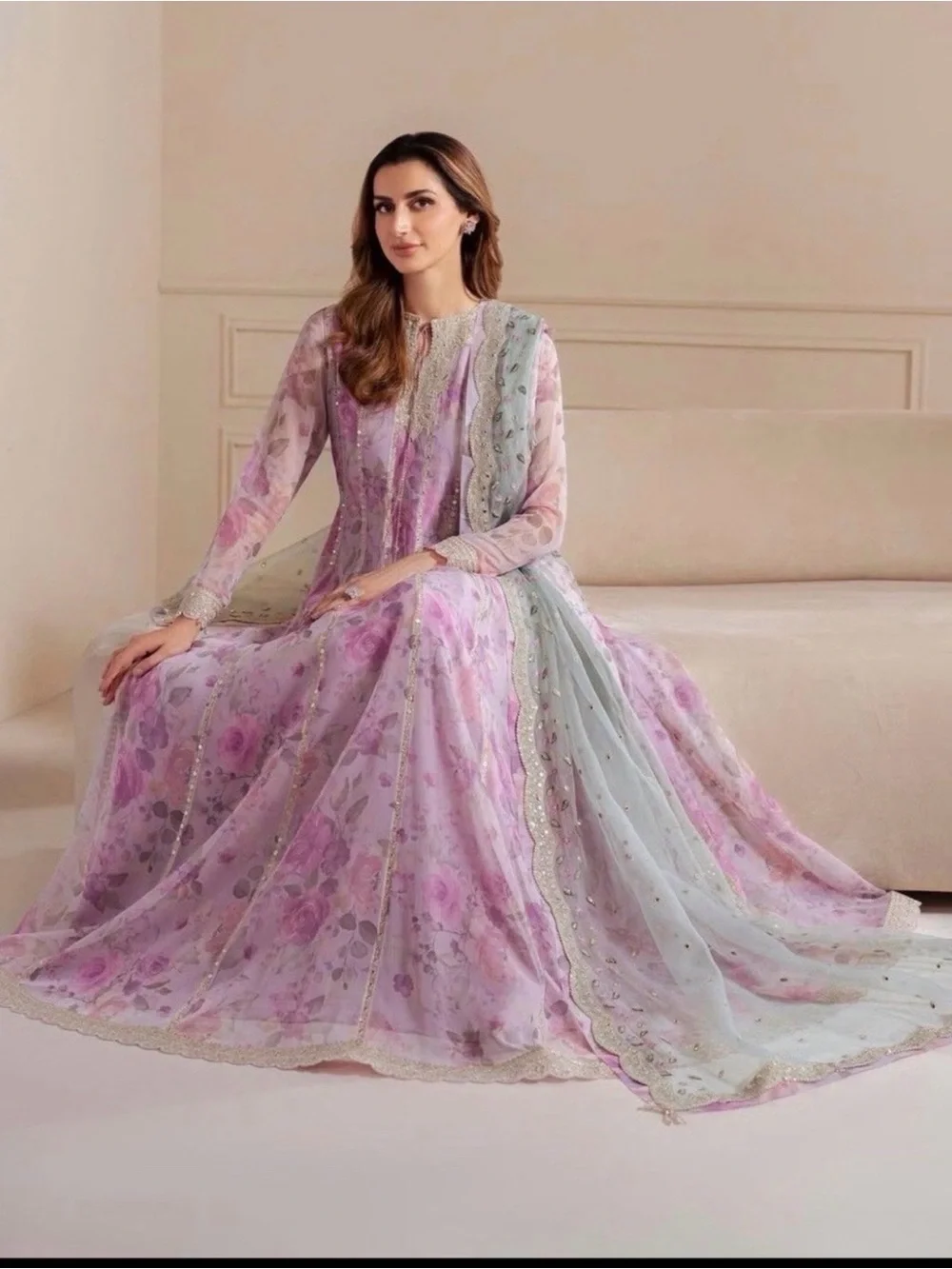 Elegant Lilac Floral Maxi Dress with Sheer Scarf
